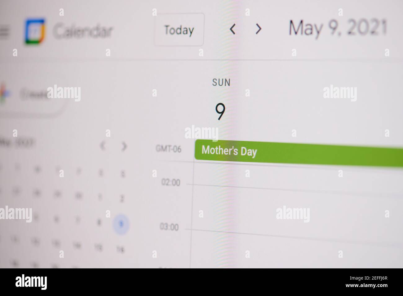 New york, USA - February 17, 2021: Mother day 9 of may  on google calendar on laptop screen close up view. Stock Photo