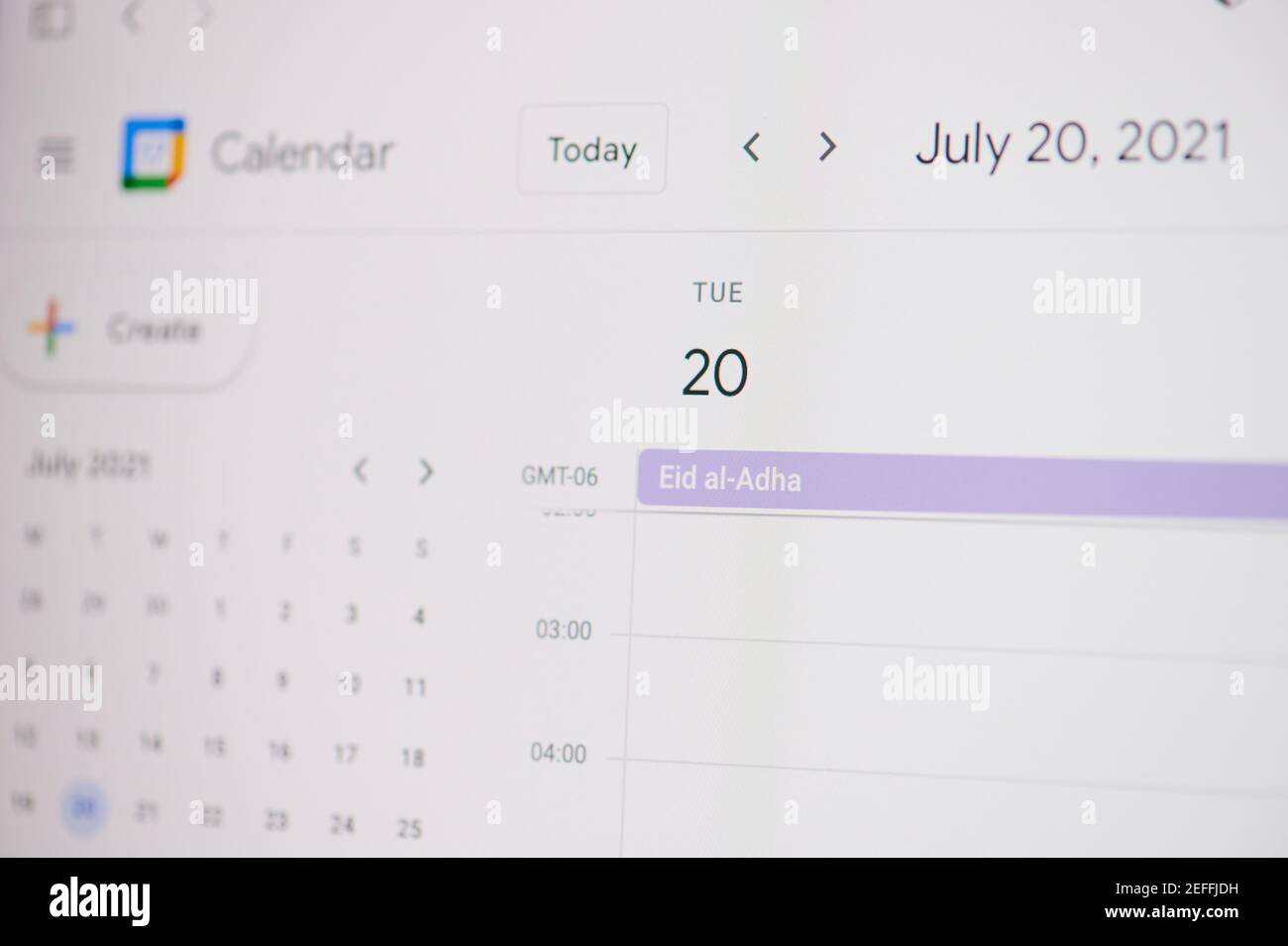 New york, USA - February 17, 2021: Eid al Adha 20 of July on google calendar on laptop screen close up view. Stock Photo