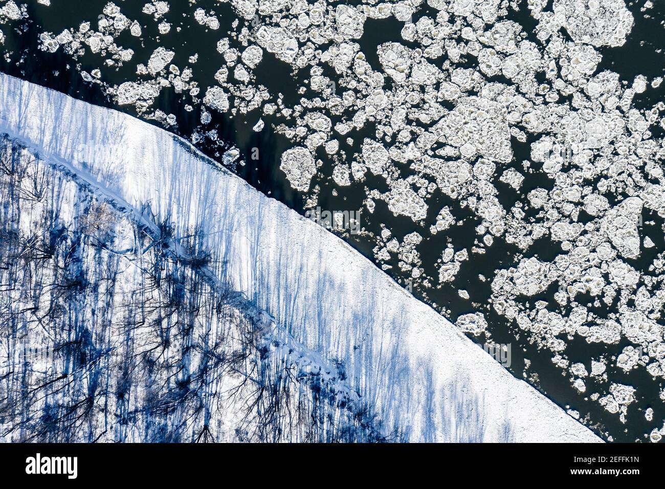 Ice floe on the river aerial view Stock Photo