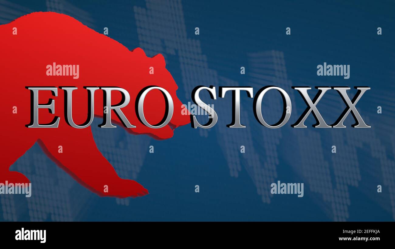 The EURO STOXX, a stock market index of the Eurozone is bearish. The red bear and a descending chart with a blue background behind the silver headline... Stock Photo