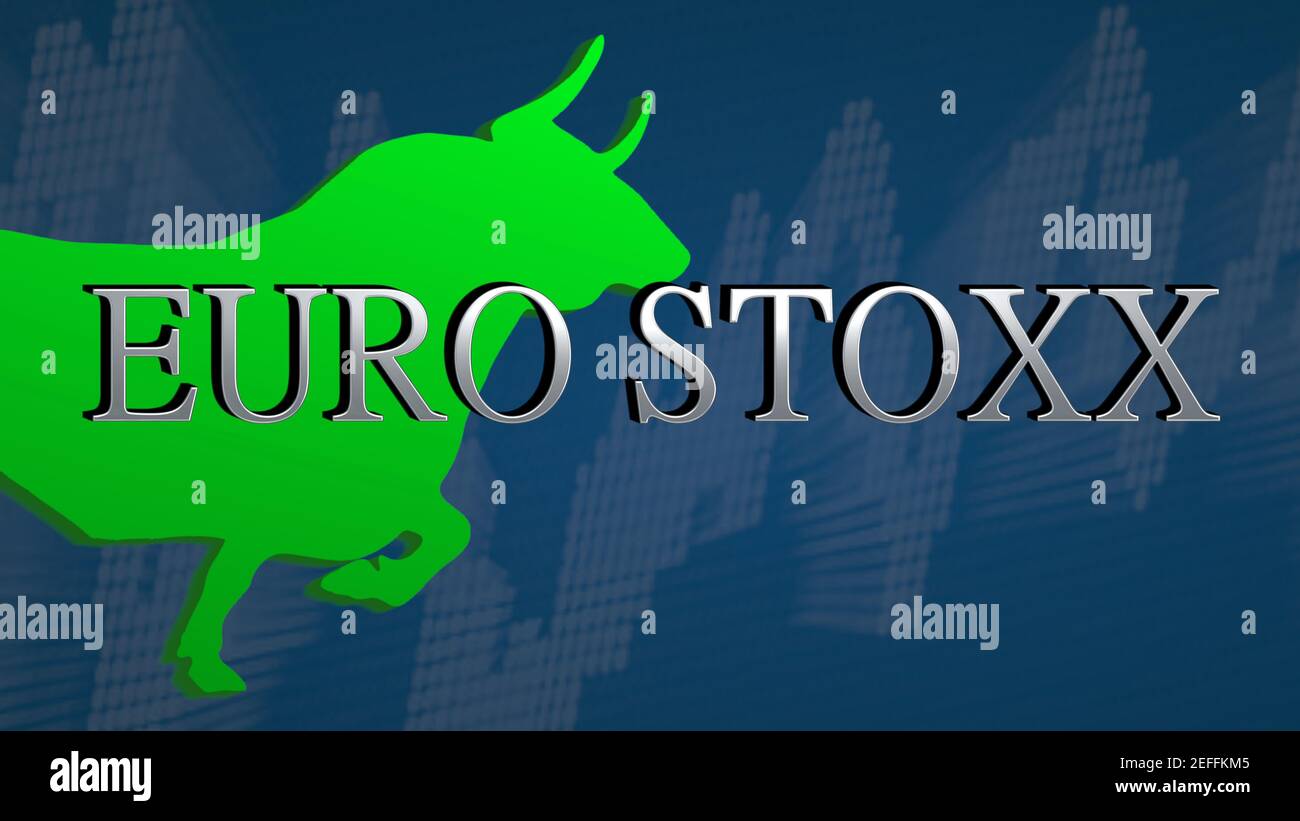 The EURO STOXX, a stock market index of the Eurozone is bullish. The green bull and an ascending chart with a blue background behind the silver headli Stock Photo