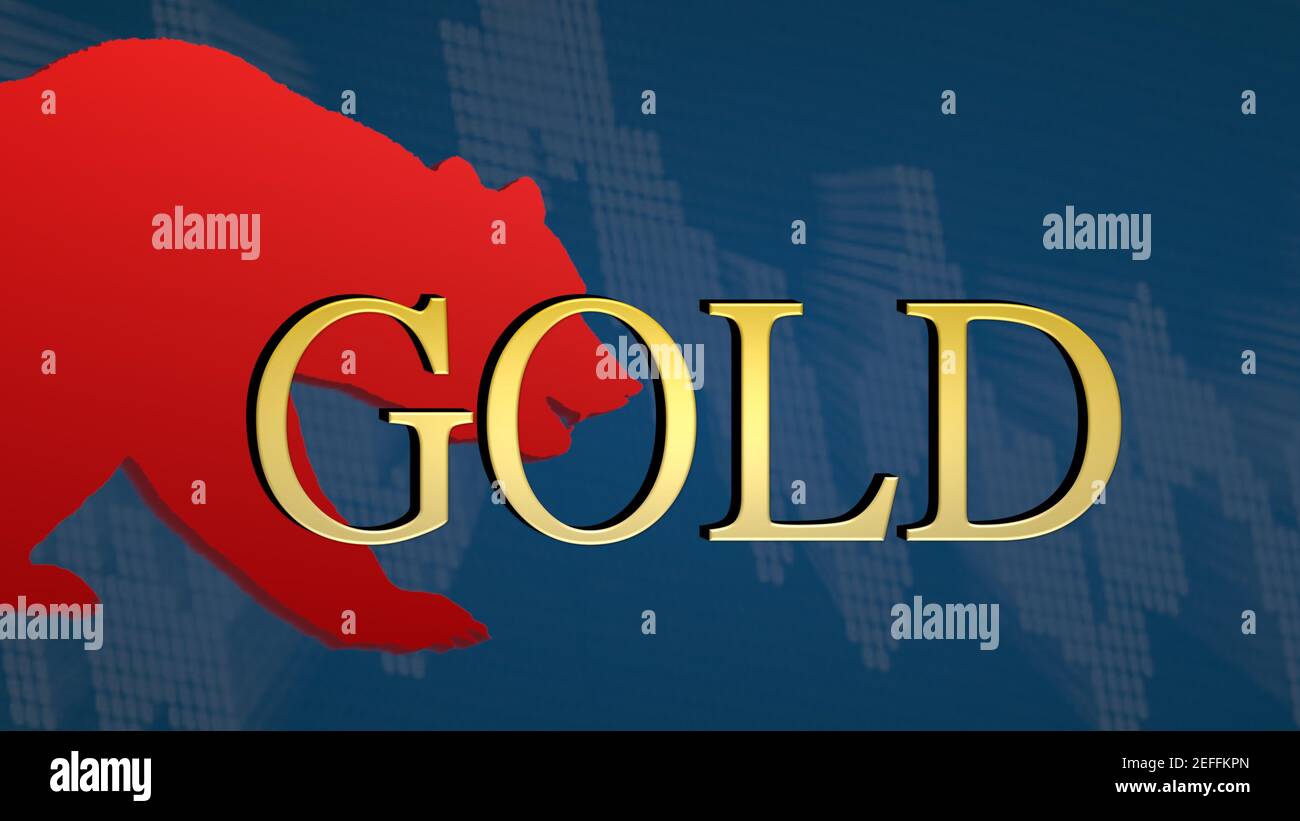 The price of the commodity gold is bearish. The red bear and a descending chart with a blue background behind the golden headline symbolizes a price... Stock Photo