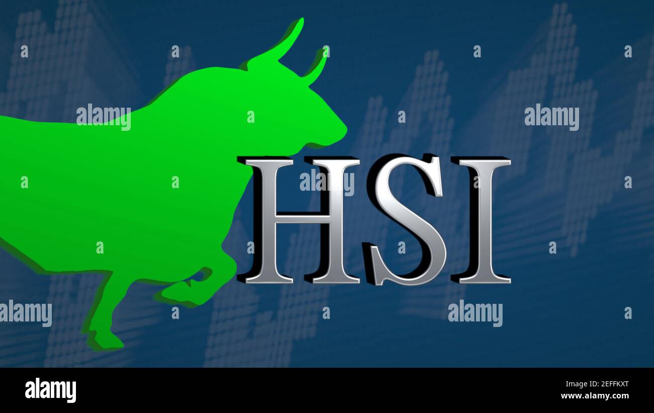 The Hong Kong stock market index Hang Seng Index or HSI is bullish. The green bull and an ascending chart with a blue background behind the silver... Stock Photo