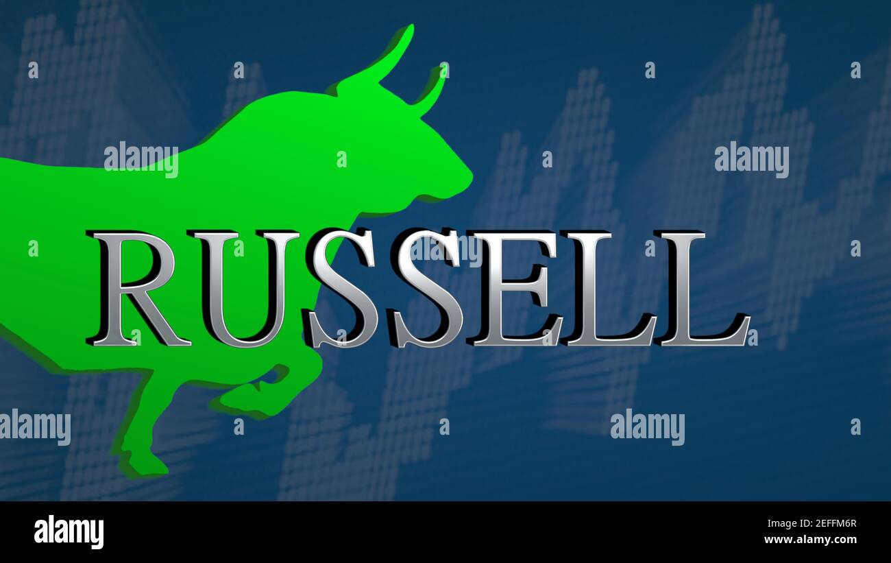 The Russell US stock market index is bullish. The green bull and an ascending chart with a blue background behind the silver headline symbolizes a... Stock Photo