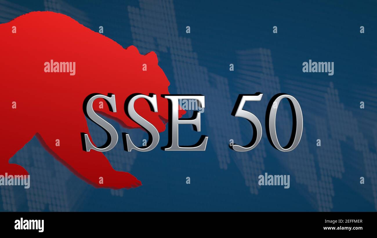 The China stock market index SSE 50 of Shanghai Stock Exchange is bearish. The red bear and a descending chart with a blue background behind the... Stock Photo