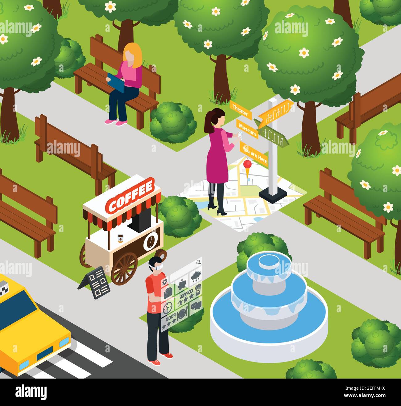 Colored augmented reality park composition digital technology with navigation and internet in smartphone vector illustration Stock Vector