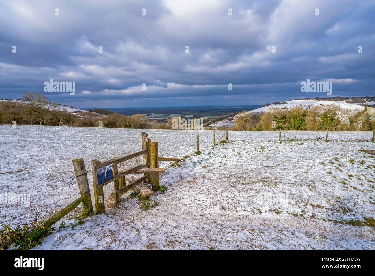 A snowscape of the surrounding area of Devils Dyke near Brighton, East Sussex, England Stock Photo