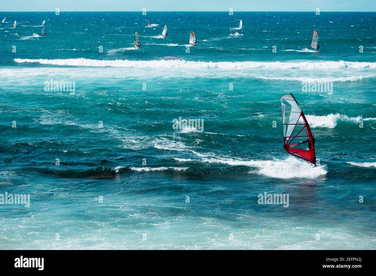 Windsurfing boards in the sea, Hookipa Beach, Maui, Hawaii Islands, USA Stock Photo