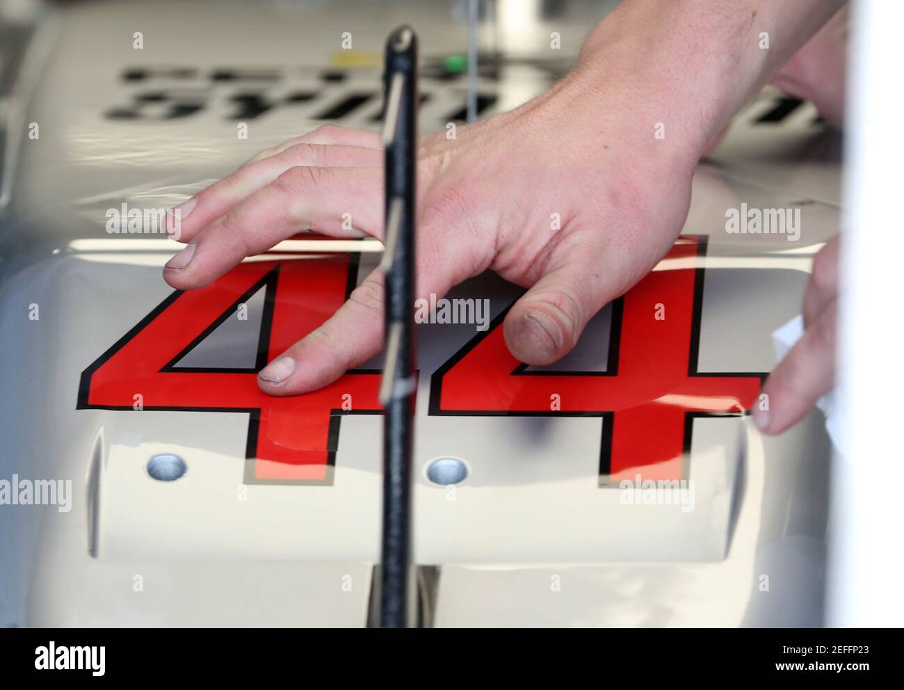 Formula One F1 - Brazilian Grand Prix - Autodromo Jose Carlos Pace, Interlagos, Sao Paulo, Brazil - November 9, 2018  Number 44 is placed on the car belonging to Mercedes' Lewis Hamilton during practice  REUTERS/Paulo Whitaker Stock Photo