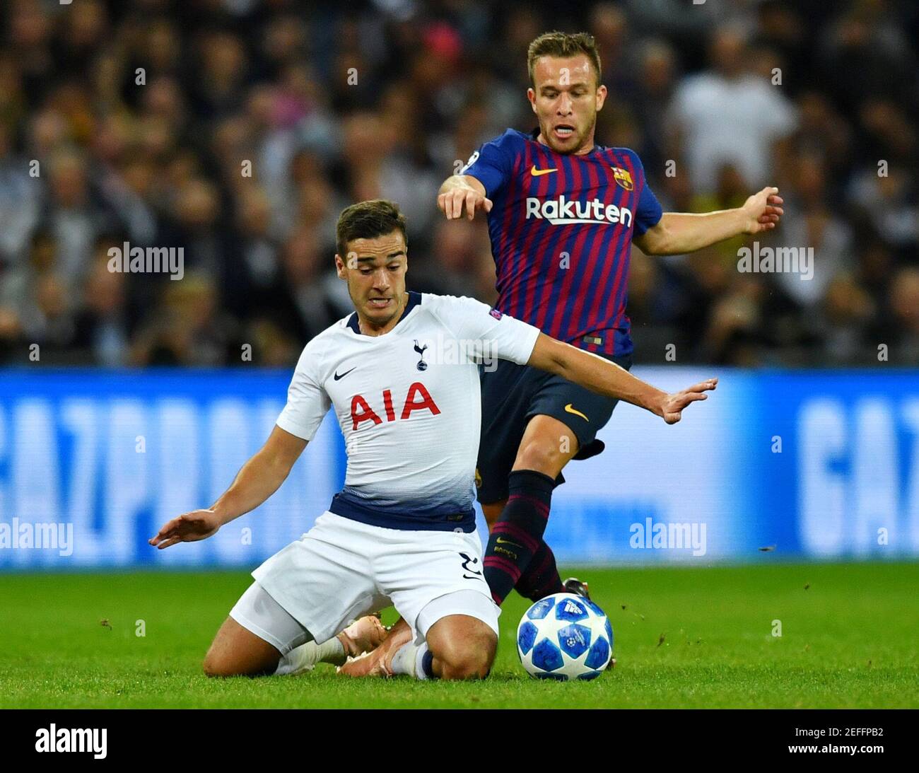 Soccer Football - Champions League - Group Stage - Group B - Tottenham Hotspur v FC Barcelona - Wembley Stadium, London, Britain - October 3, 2018  Tottenham's Harry Winks in action with Barcelona's Arthur     REUTERS/Dylan Martinez Stock Photo
