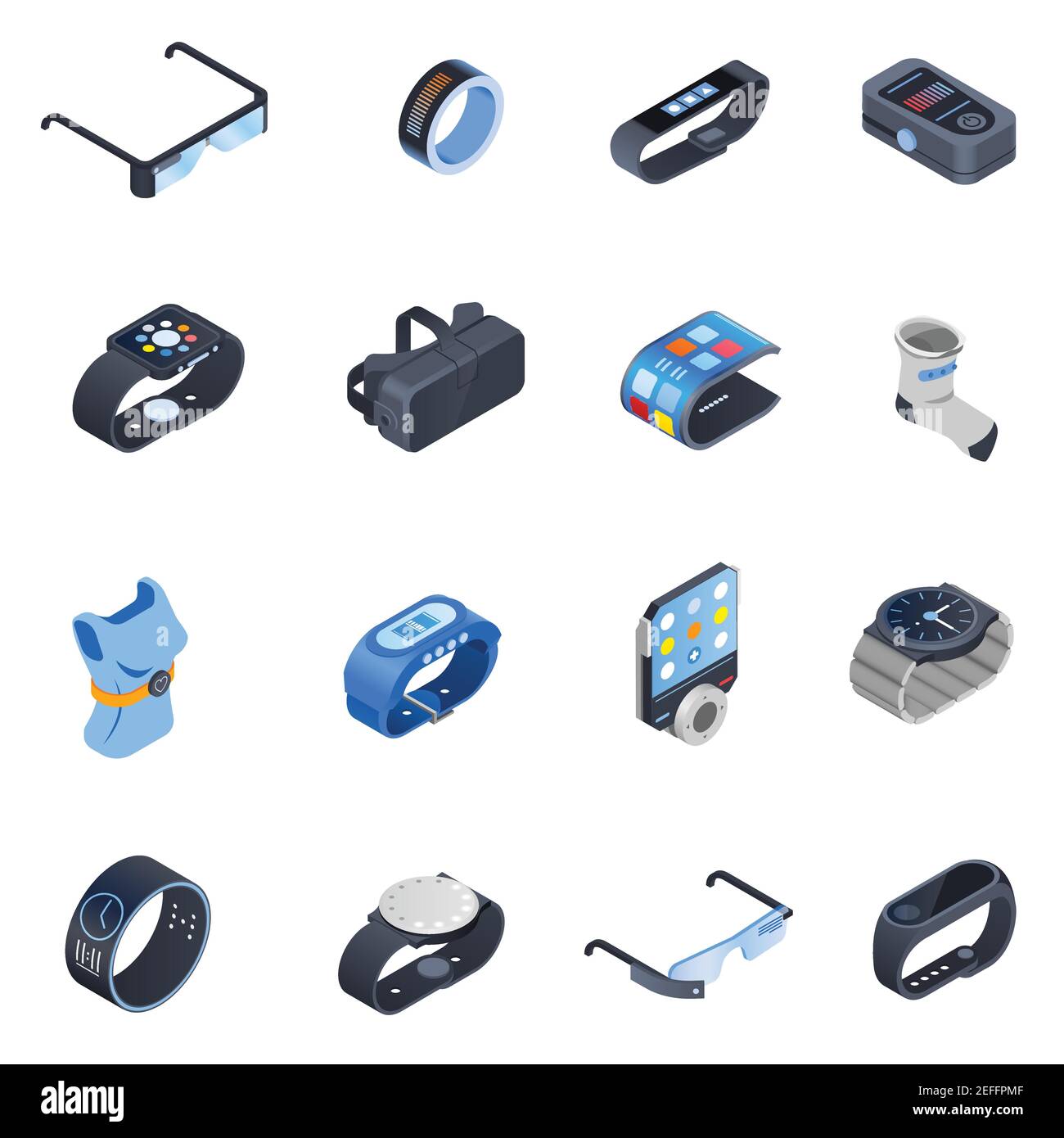 Set of isometric icons with wearable technology including watches, augmented reality glasses, smart clothing isolated vector illustration Stock Vector