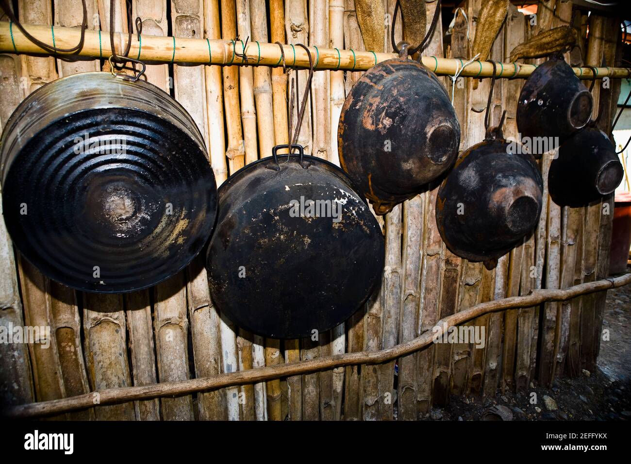 Woks hanging on bamboos, Hidalgo, Papantla, Veracruz, Mexico Stock Photo