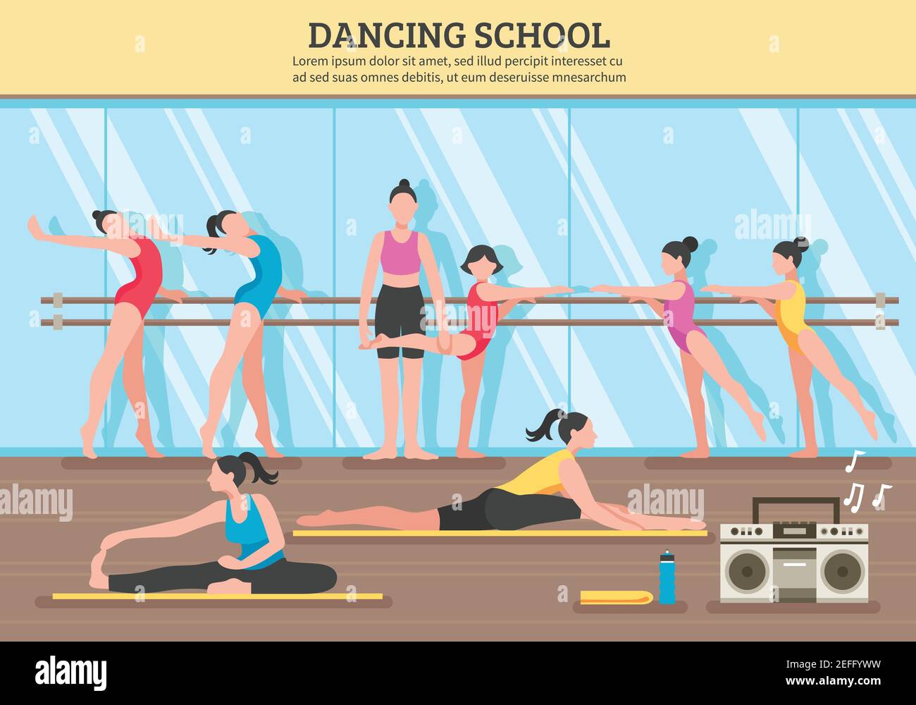 Dancing school with teacher and girl students near mirror and on mats