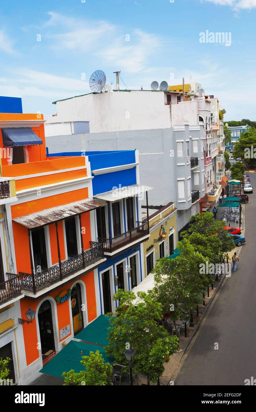 Buildings along a road, Old San Juan, San Juan, Puerto Rico Stock Photo