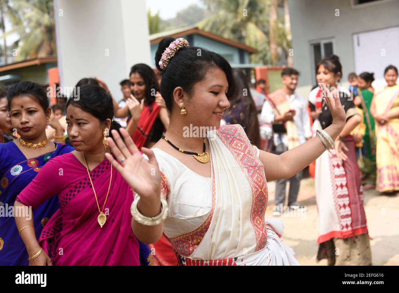 Guwahati, India. 17th Feb, 2021. Mising tribal people performing traditional dance during Ali-Aye-Ligang festival in Guwahati, India on 17 February 2021. Ali-Aye-Ligang, the main harvest festival of the ethnic Mising community people, this spring festival associated with agriculture, especially with the beginning of the Ahu paddy cultivation Credit: David Talukdar/Alamy Live News Credit: David Talukdar/Alamy Live News Stock Photo