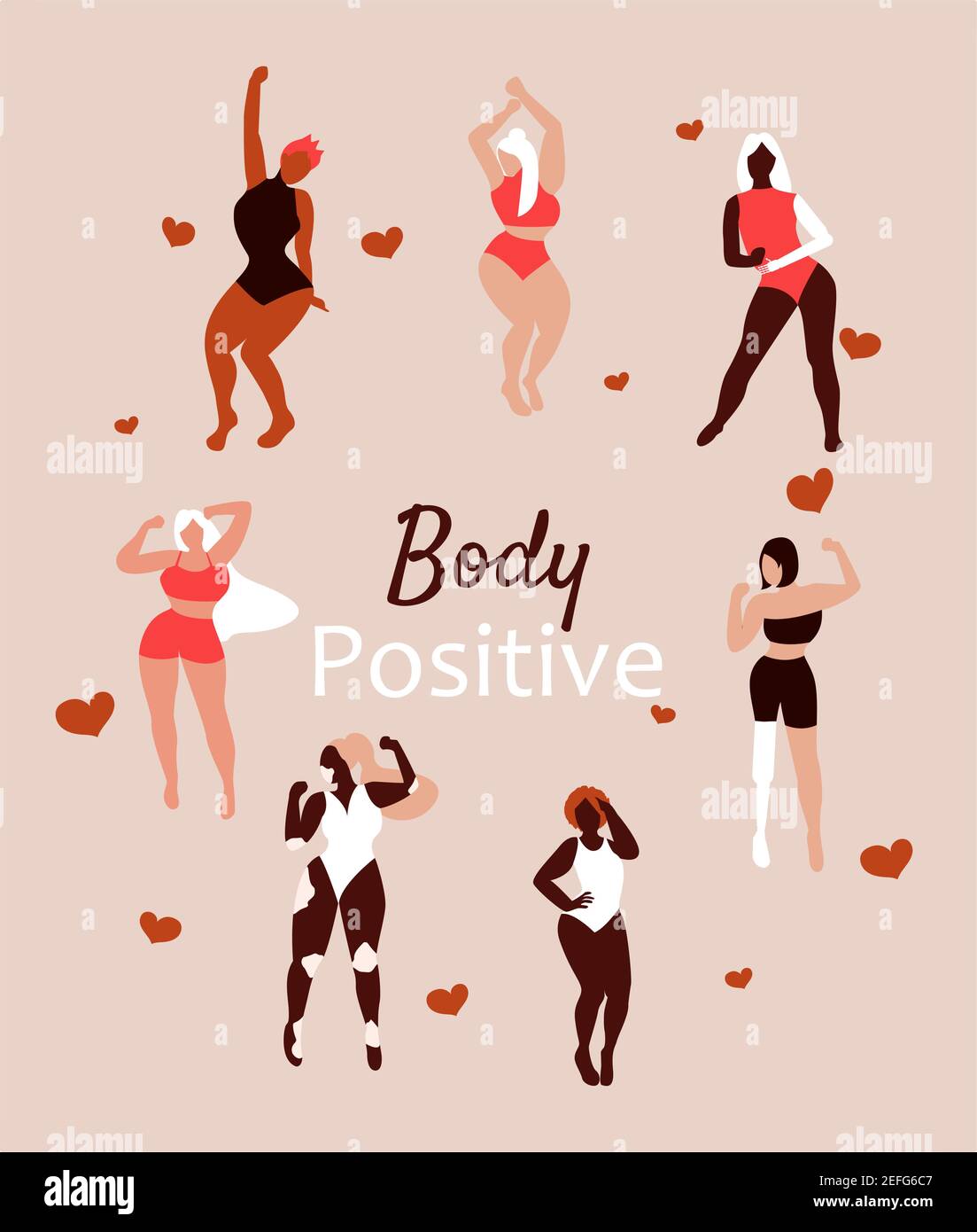 Body positive girls. Love your body. Different skin color and body size women characters dance in swimsuit. Flat vector illustration for postcard Stock Vector