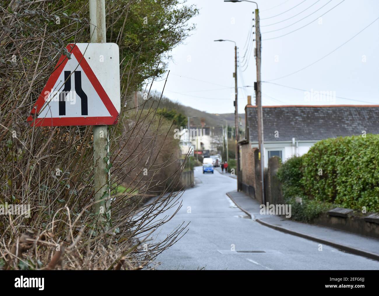 UK Road Signs as found on streets of North Devon, Road Narrows Stock Photo