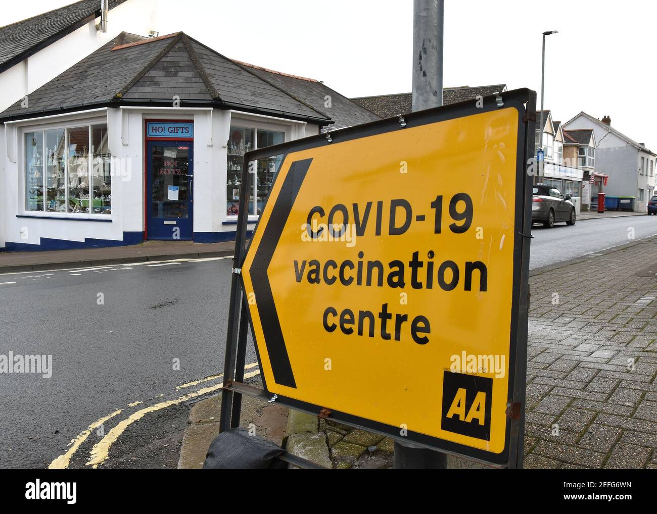 COVID-19 Vaccination Centre UK Road Signs as found on streets of North Devon Stock Photo