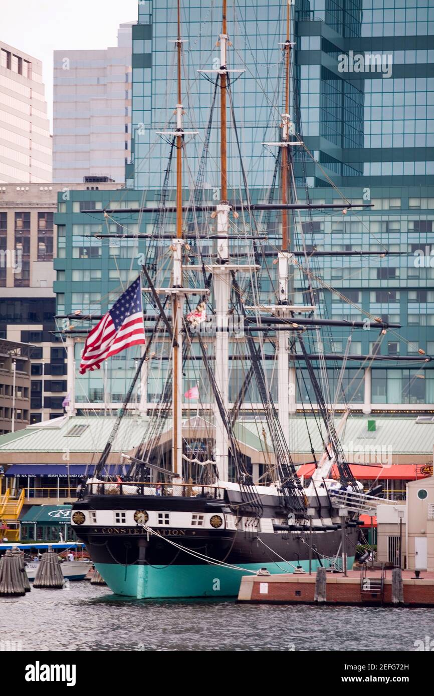Tall ship moored at a harbor, USS Constellation, Inner Harbor