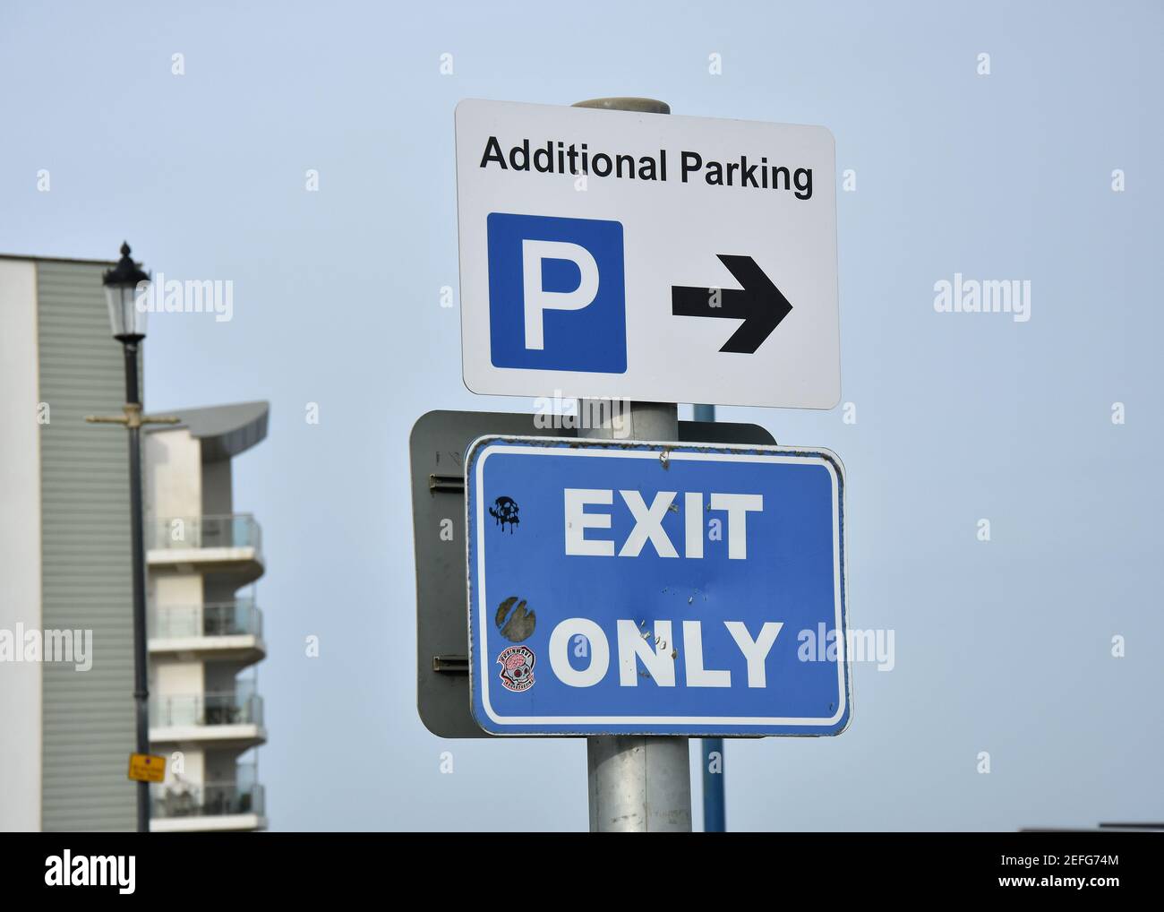 UK Road Signs as found on streets of North Devon, P, Parking, Exit Only Stock Photo