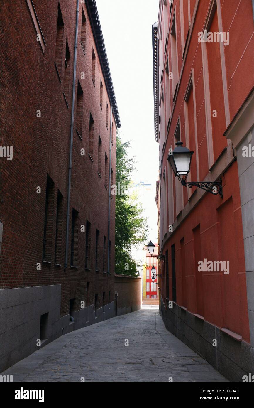 Buildings on both sides of an alley, Madrid, Spain Stock Photo