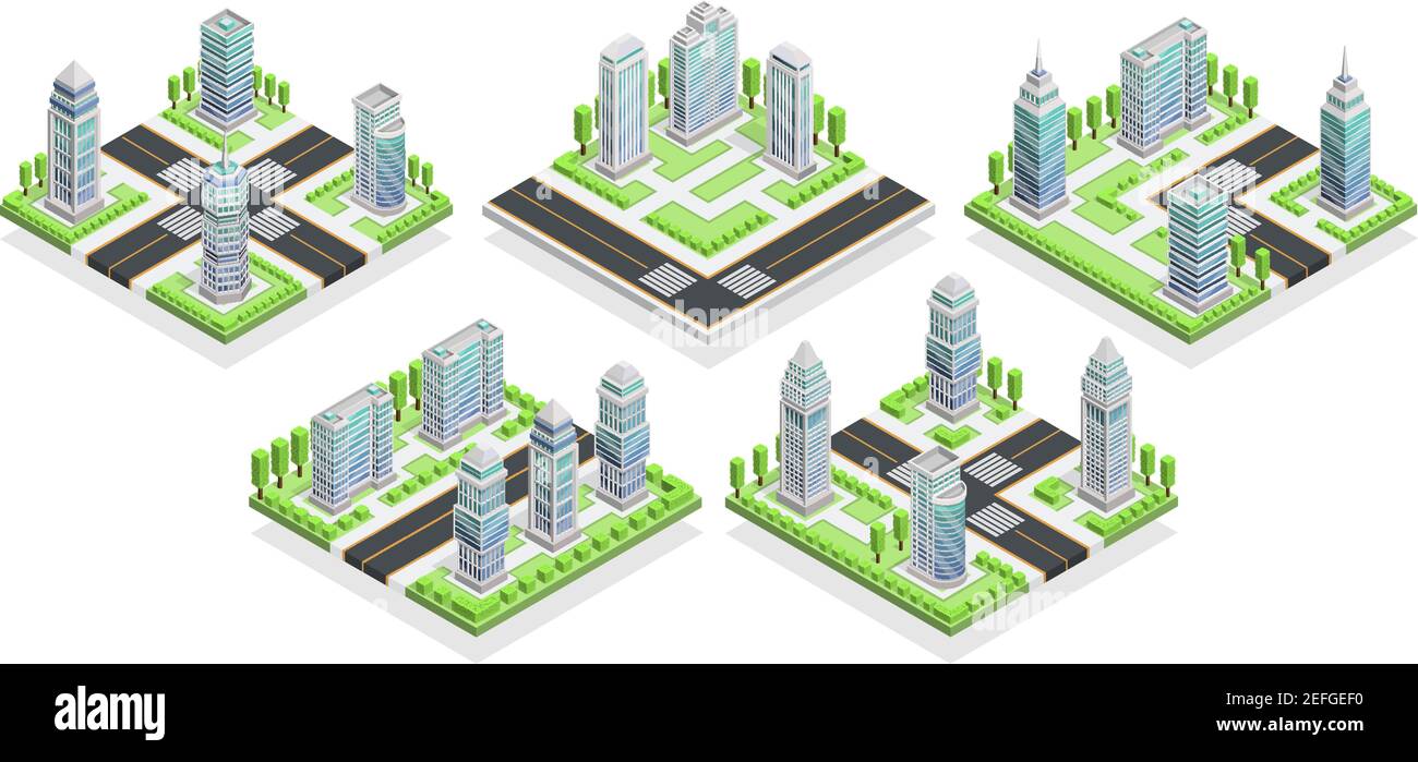 City houses isometric composition with buildings and road isolated ...