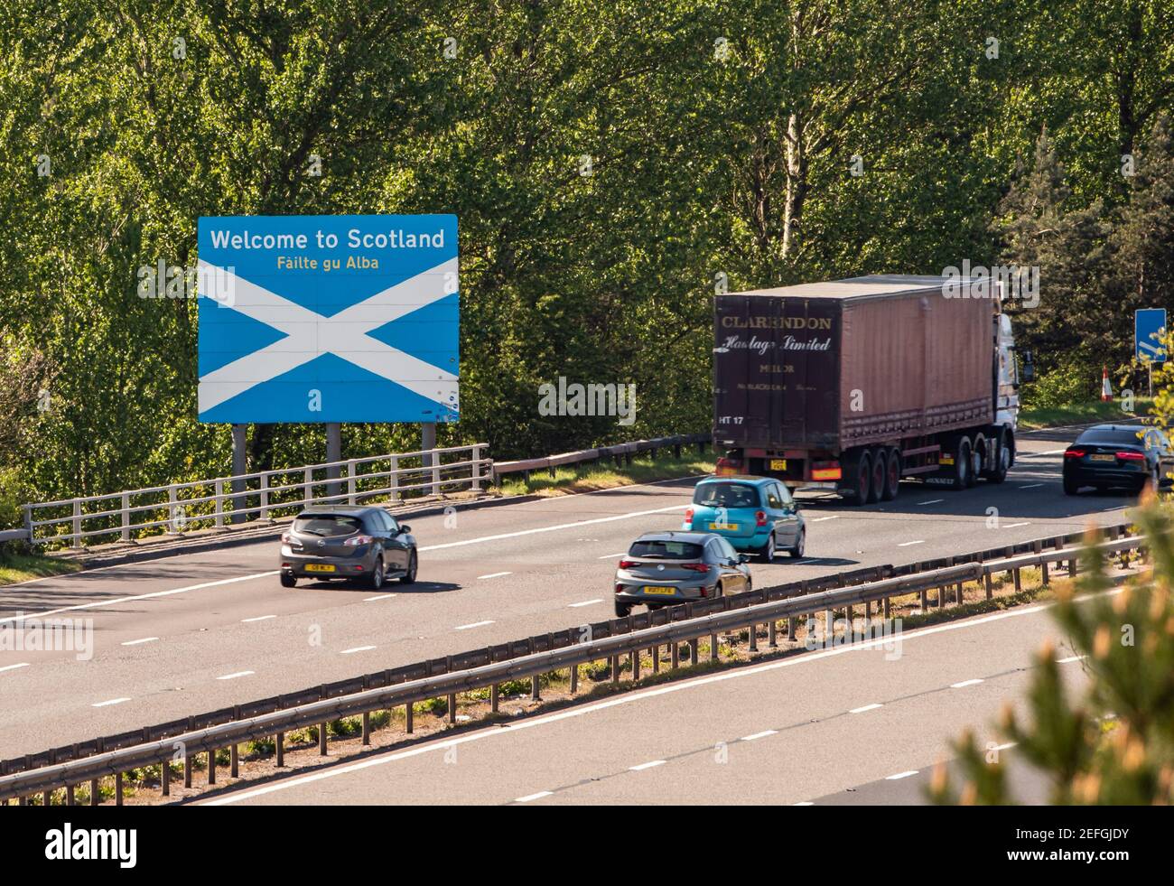Welcome to Scotland sign where the  M6  meets the A74 M near Gretna Green on the border between England and Scotland. Stock Photo