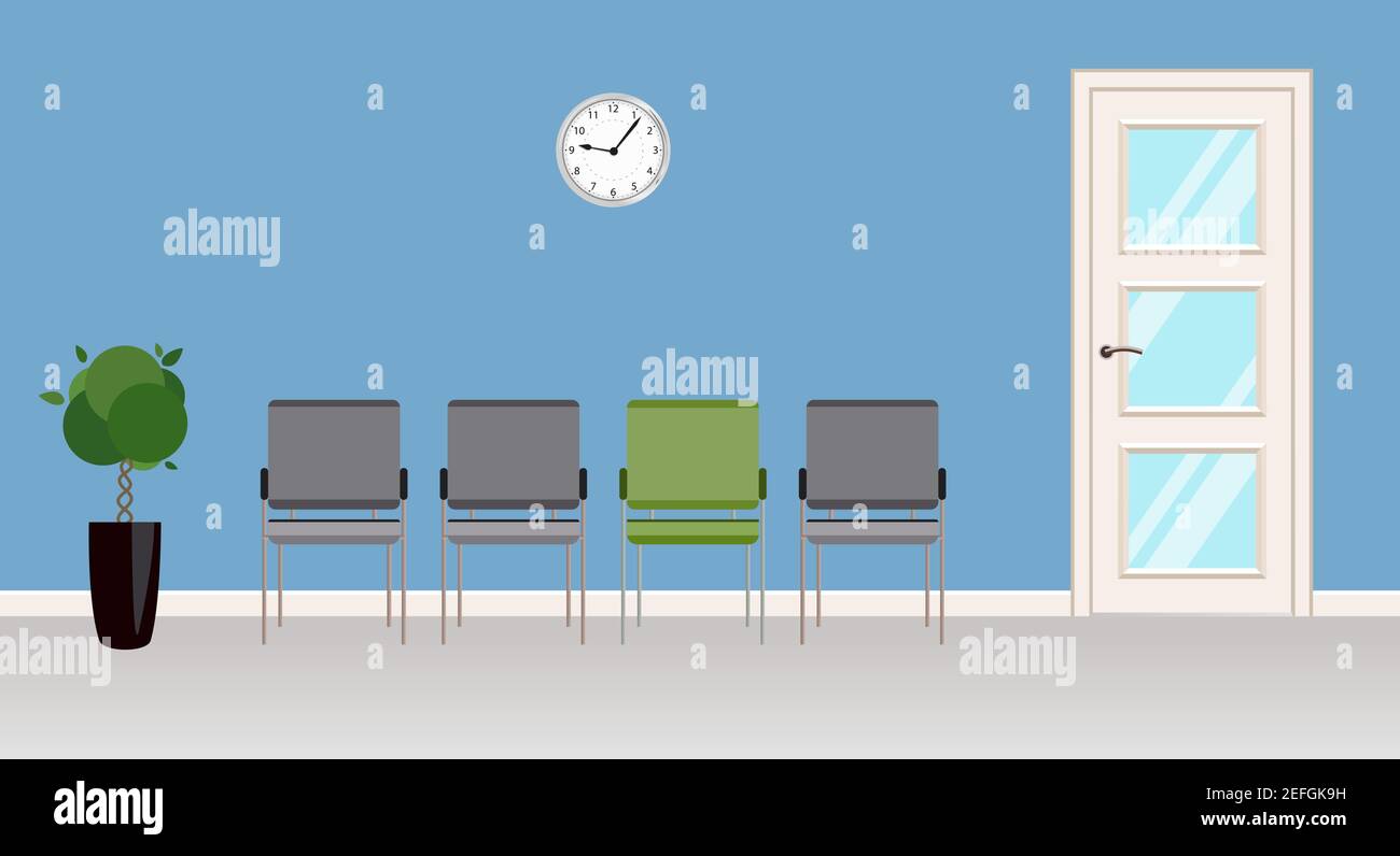 Clinic reception area with gray chairs in front of the door. Blue Doctor office. Contemporary waiting room with plant and clock  on wall. Vector illus Stock Vector