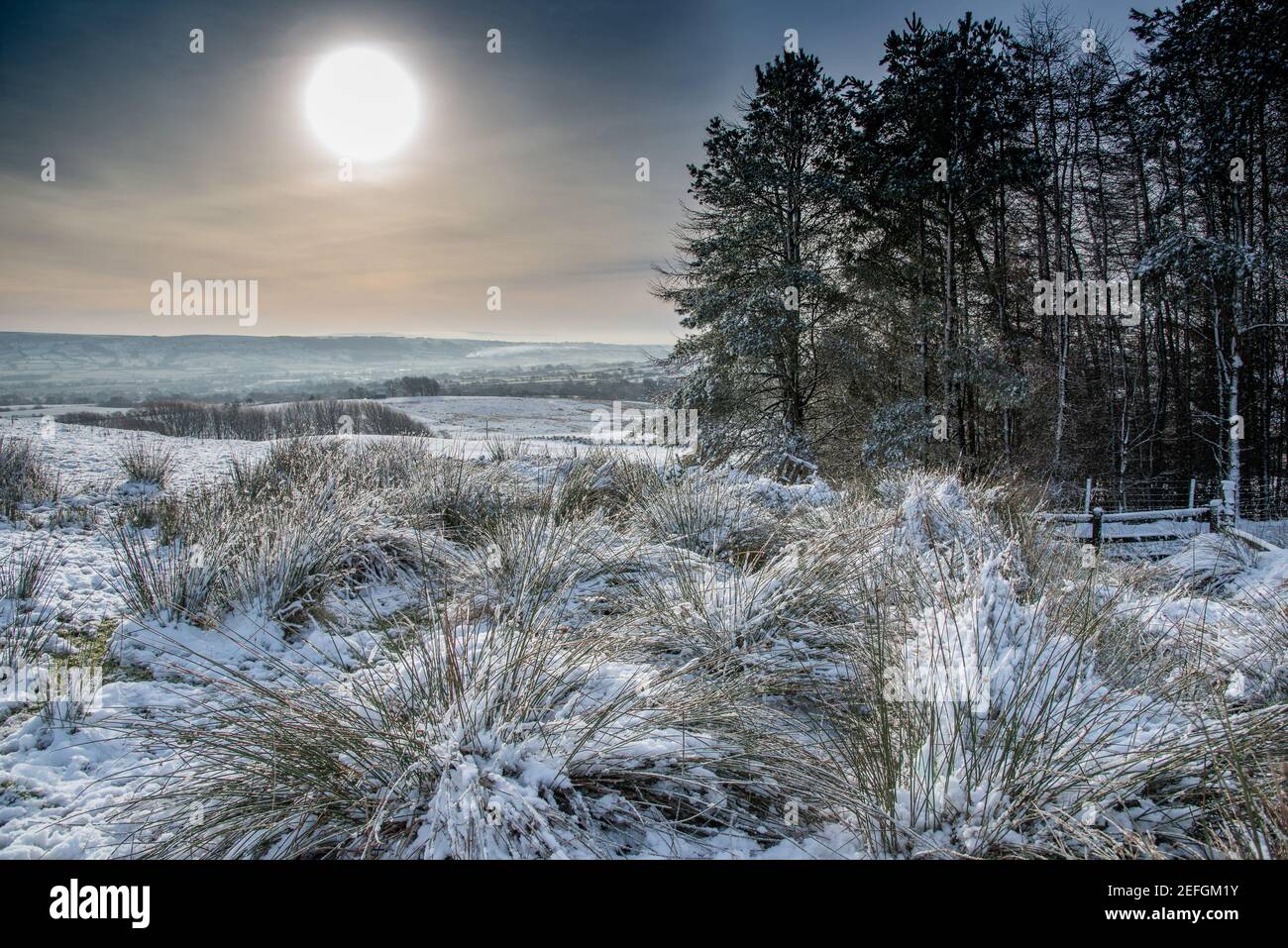 Snow on the fells near Preston, Lancashire on a fine and frosty morning. Stock Photo