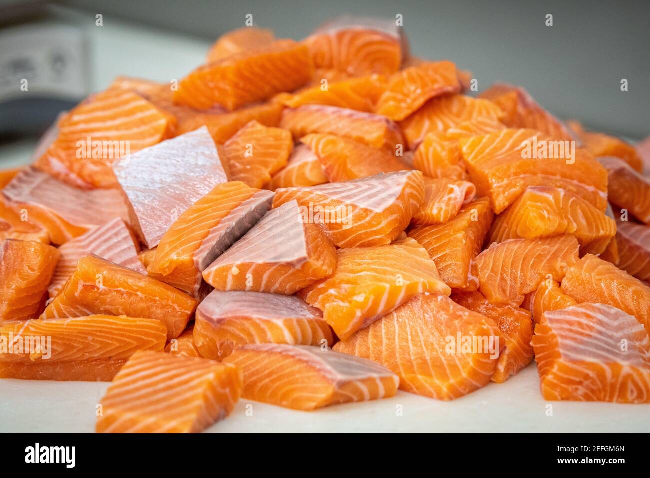 Cut pieces of fresh salmon at seafood packing plant, Jessup, MD Stock