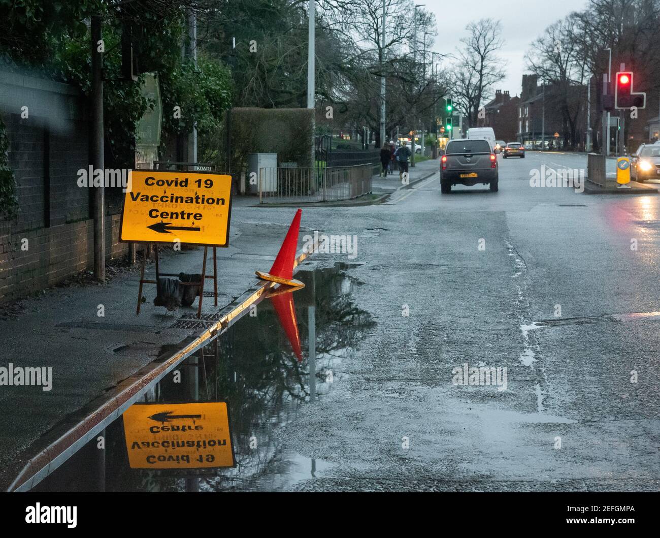 Covid 19 vaccination centre sign in Knutsford, Cheshire, UK Stock Photo