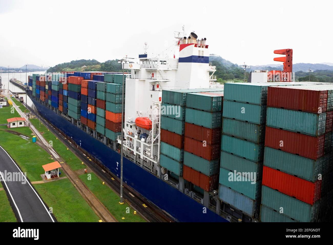 Cargo containers in a container ship at a commercial dock, Panama Canal