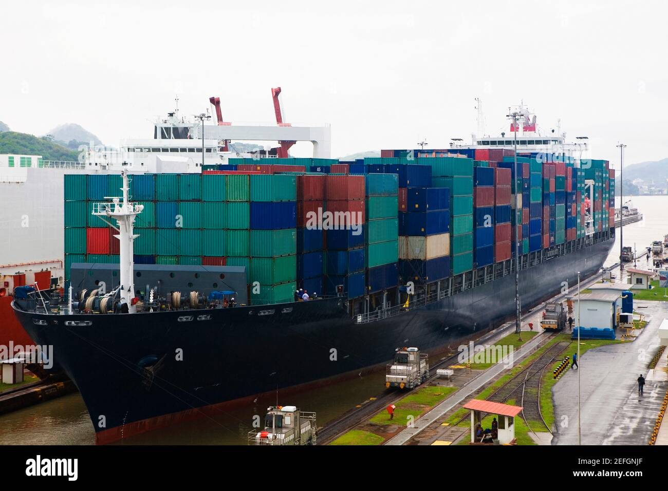 Cargo containers in a container ship at a commercial dock, Panama Canal