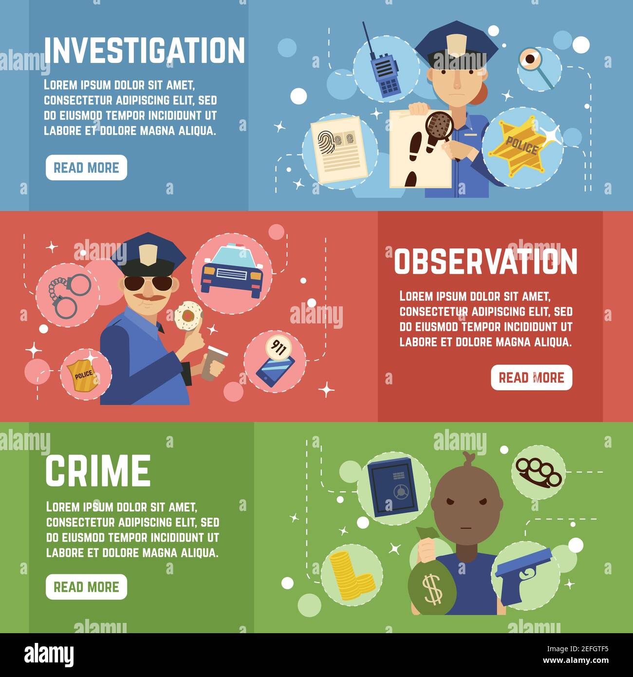 Private detective horizontal banners set with observation symbols flat