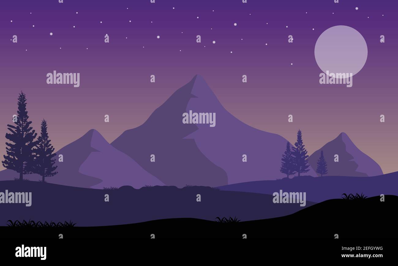 Mountain view at night with starry sky and full moon. Vector ...