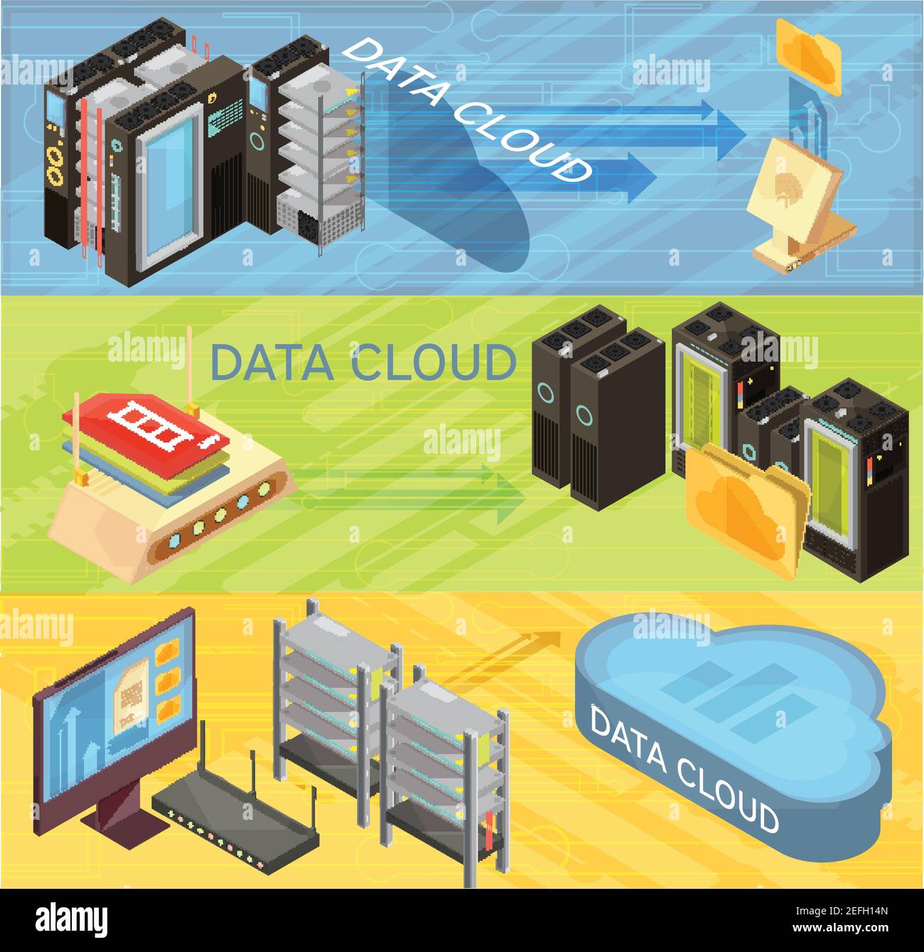 Set of horizontal isometric banners with data cloud, information ...