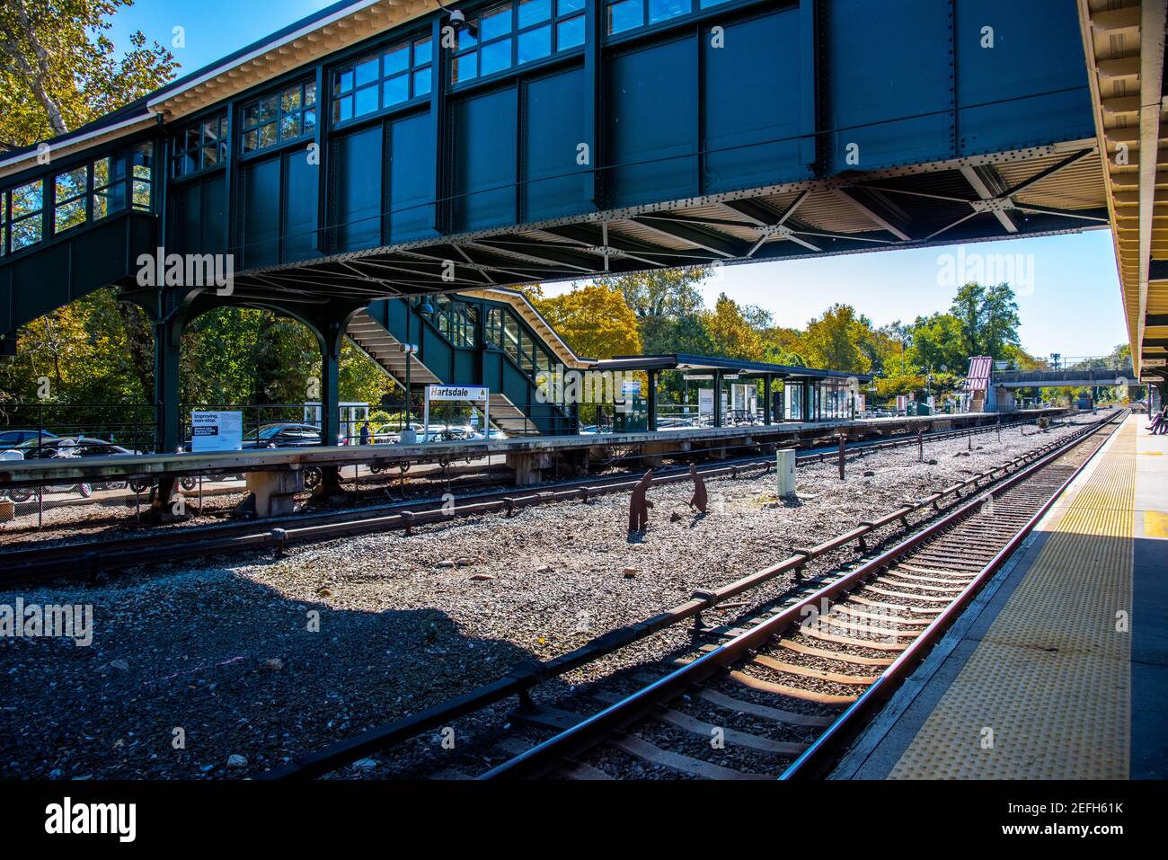 Hartsdale, NY -  October 30, 2018: View of the train station of Hartsdale. Hartsdale is part of the town of Greenburgh, Westchester County, New York, Stock Photo