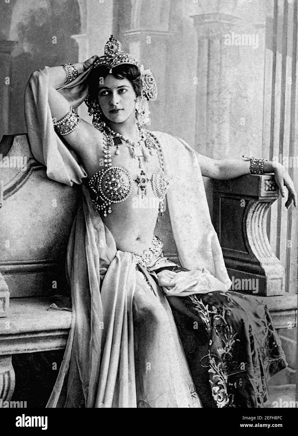 Mata Hari in 1906, soon after the Dutchwoman reinvented herself as an exotic dancer. Inspired by dances she had seen in the Dutch East Indies, she took a stage name that means 'eye of the day' in Malay.  / File Reference # 1003-843THA Stock Photo