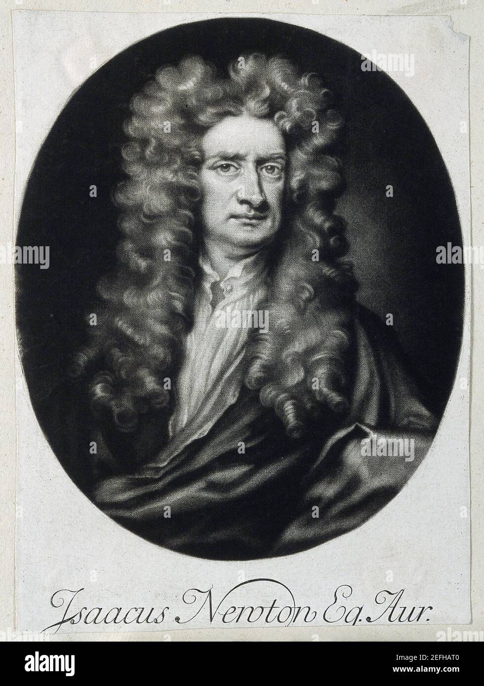 Sir Isaac Newton, English mathematician, physicist, astronomer, theologian, and author who is widely recognized as one of the most influential scientists of all time and as a key figure in the scientific revolution. Mezzotint after J. Smith, 1712, after Sir G. Kneller, 1702 / Wellcome Collection / File Reference # 1003-857THA Stock Photo