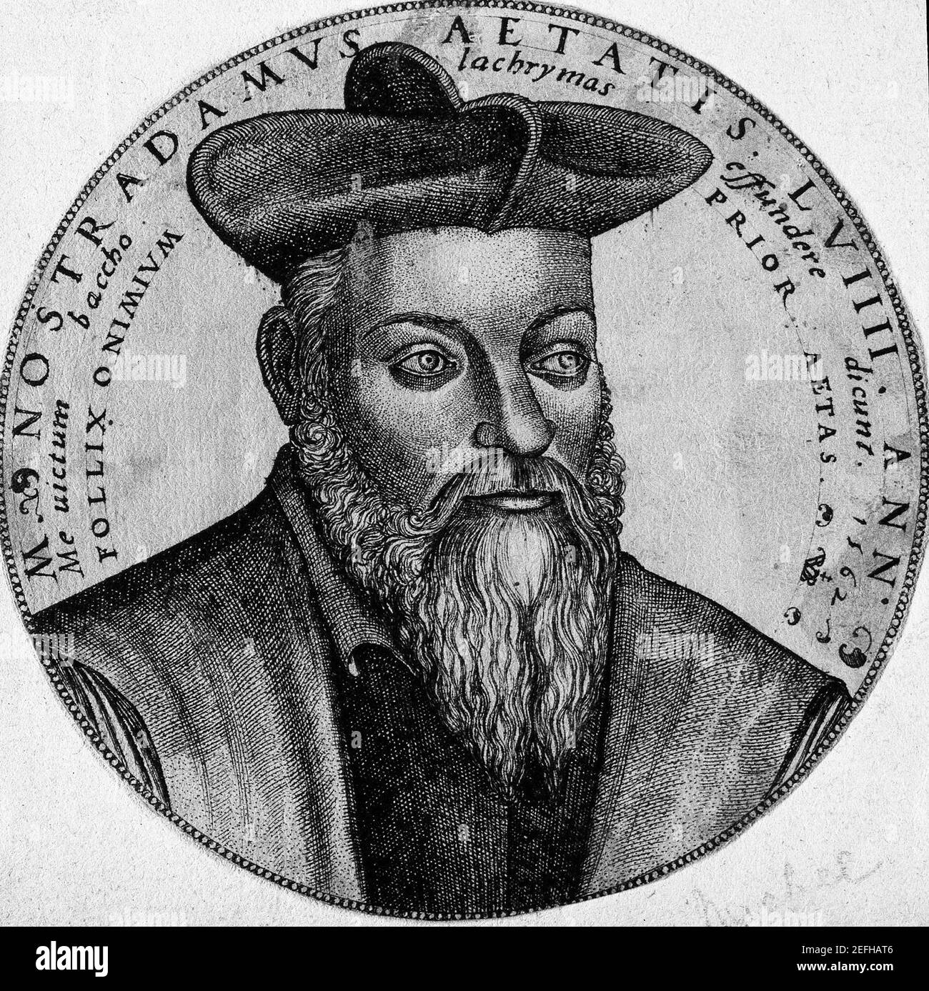 Line engraving of Michael Nostradamus (aka Michel de Nostredame) (born December 14, 1503, Saint-Rémy, France - died July 1/2, 1566, Salon) French astrologer, physician and reputed seer, who is best known for his book Les Prophéties, a collection of 942 poetic quatrains allegedly predicting future events. The book was first published in 1555. Welcome Collection / File Reference # 1003-860THA Stock Photo