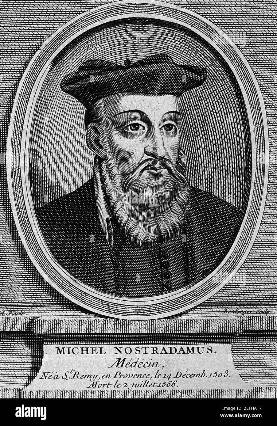 Michael Nostradamus (aka Michel de Nostredame) (born December 14, 1503, Saint-Rémy, France - died July 1/2, 1566, Salon) French astrologer, physician and reputed seer, who is best known for his book Les Prophéties, a collection of 942 poetic quatrains allegedly predicting future events. The book was first published in 1555. Line engraving by J. Boulanger / File Reference # 1003-859THA Stock Photo