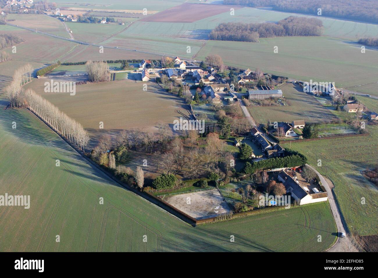 Aerial photography of the rural  Favière village in the department of Yvelines 78,  Ile-de-France region, France - January 03, 2010 Stock Photo
