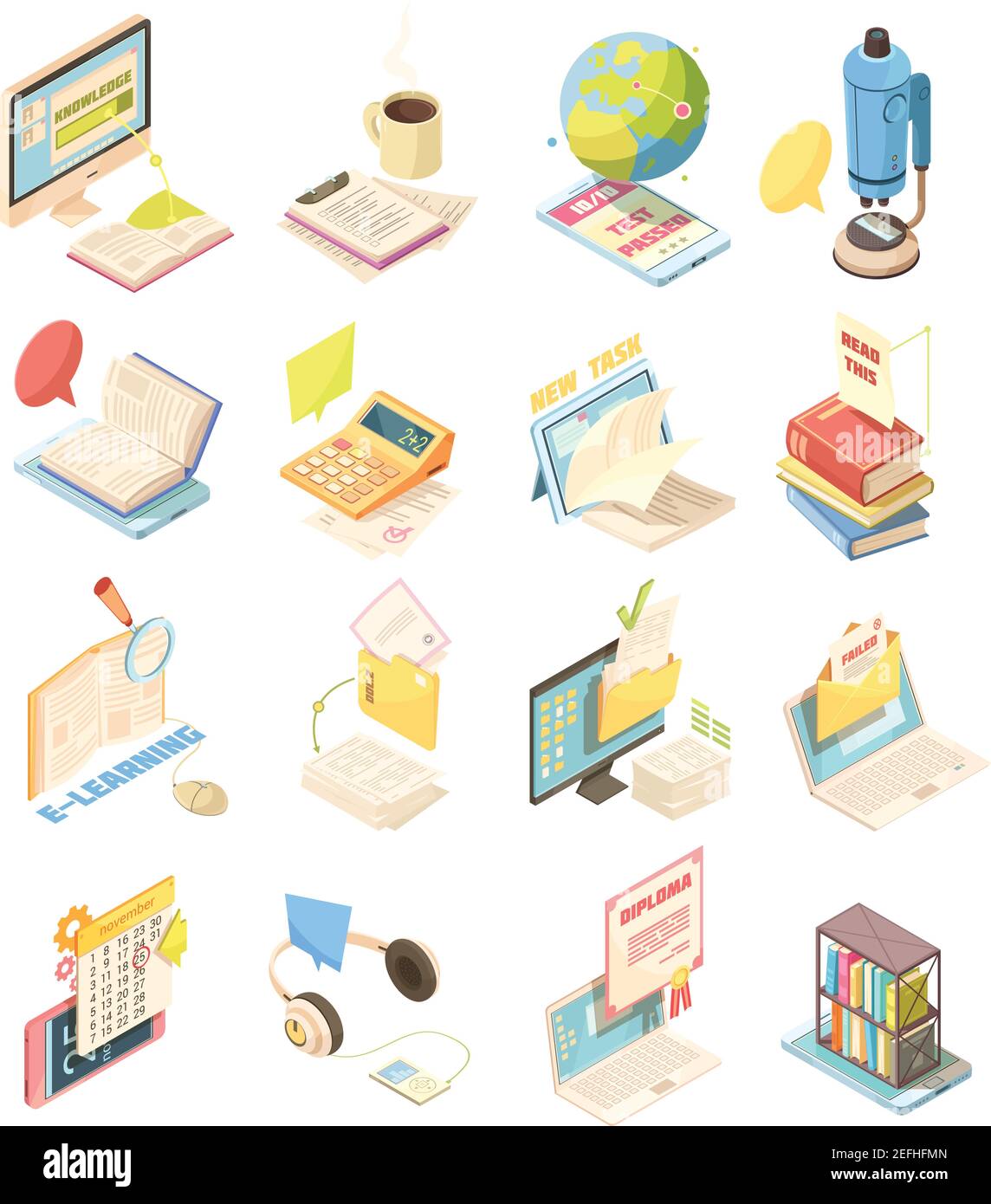 E-learning set of isometric icons with laptop, tutorials, diploma, test ...