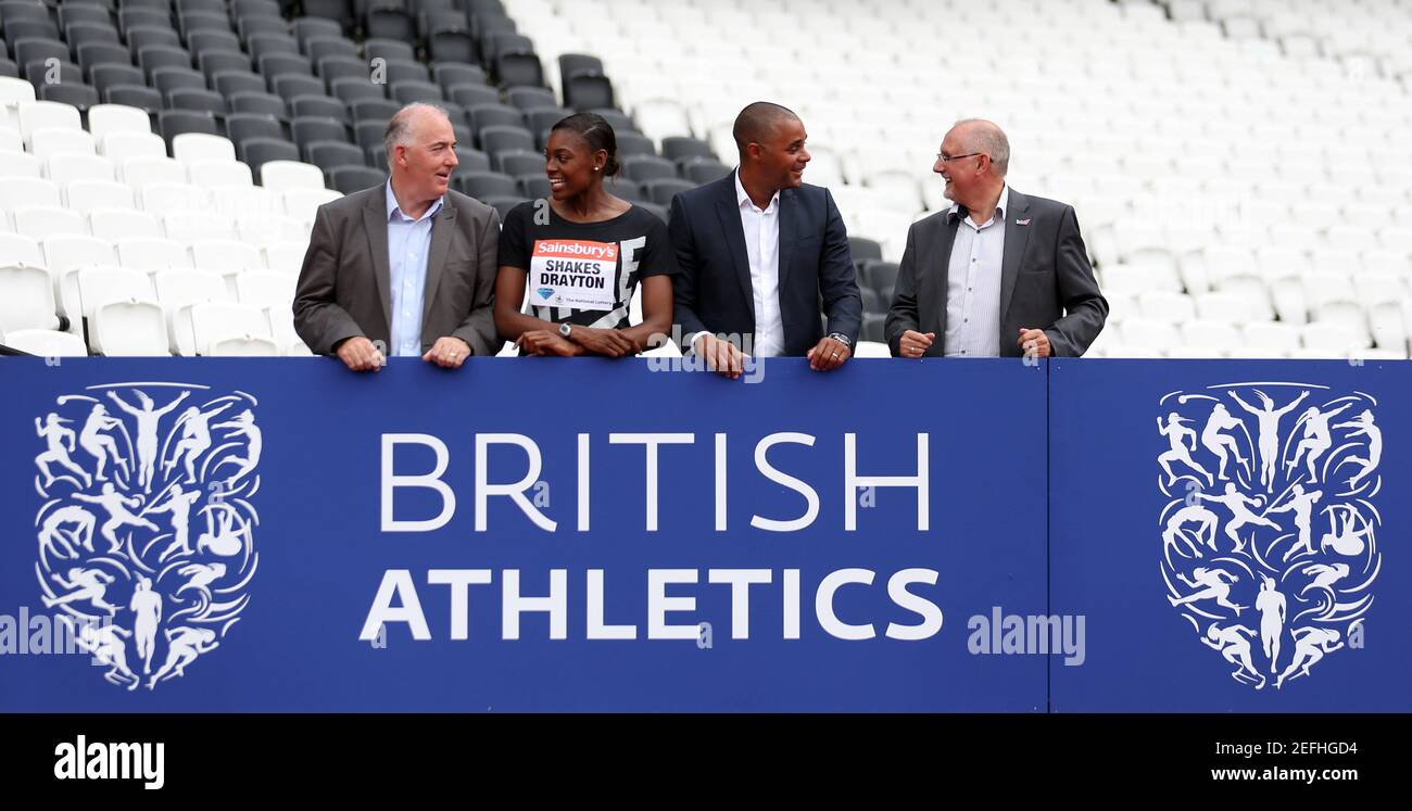 Athletics - Sainsburys Anniversary Games Preview - London - 23/7/13  Newham Council Chief Executive Kim Bromley-Derry, Great Britain Perri Shakes-Drayton, British Athletics Board member Jason Gardener and LLDC CEO Dennis Hone pose ahead of the Sainsbury's Anniversary Games  Mandatory Credit: Action Images / Steven Paston  Livepic Stock Photo
