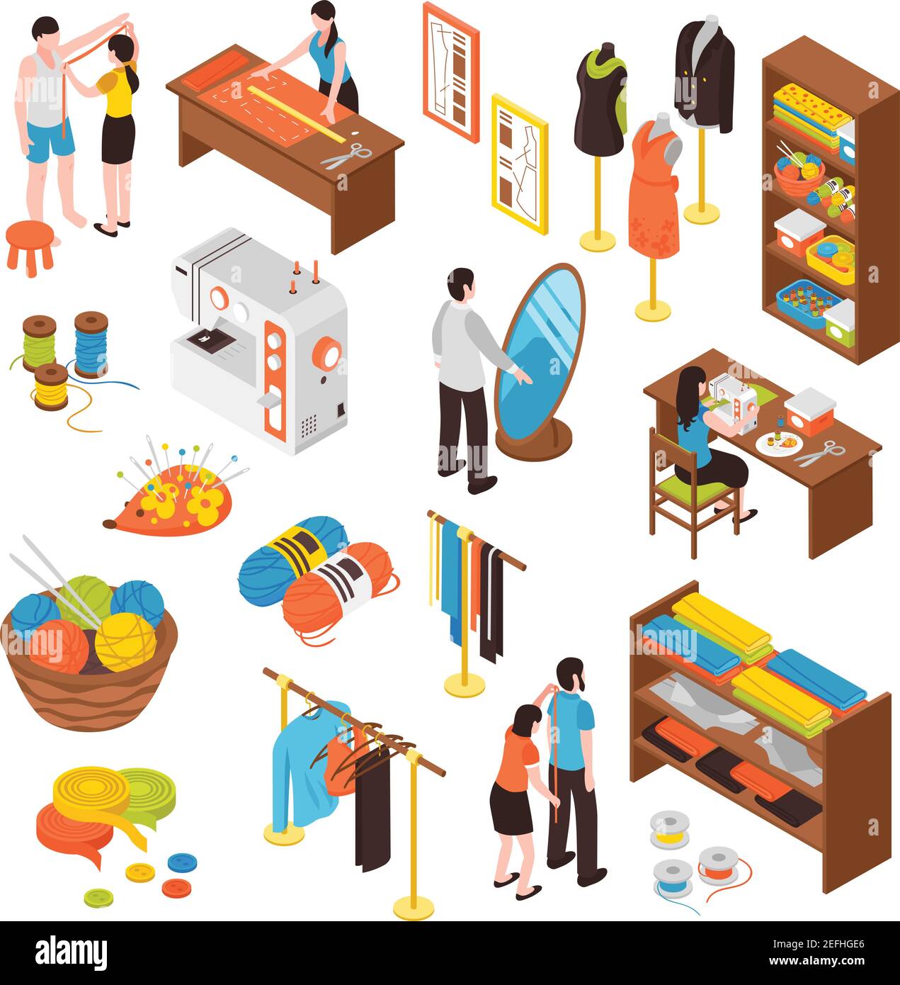 Atelier studio isometric icons set of mannequin sewing machine tailor ...