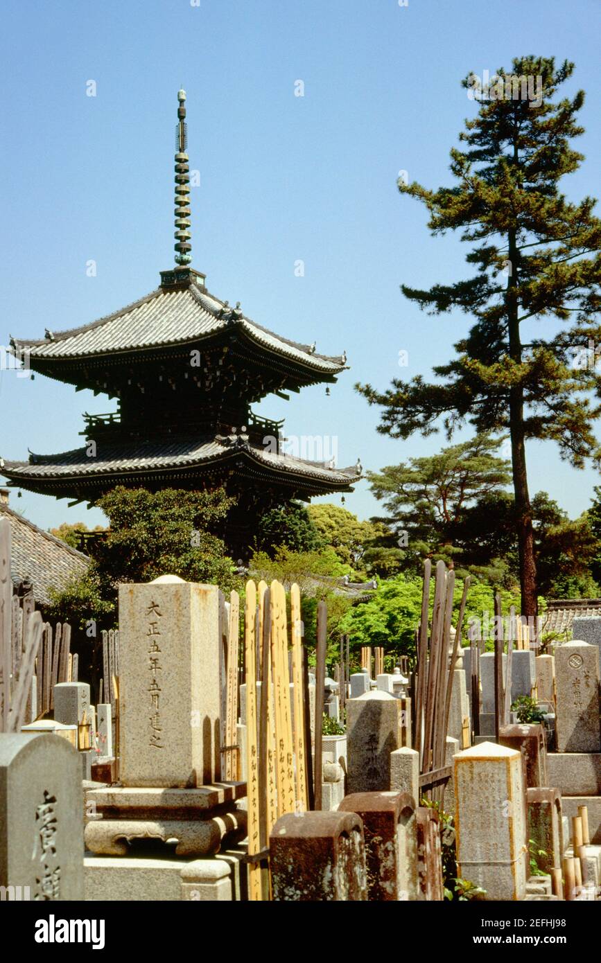 Low angle view of a pagoda in a graveyard, Chinoji Temple Graveyard, Kyoto, Japan Stock Photo