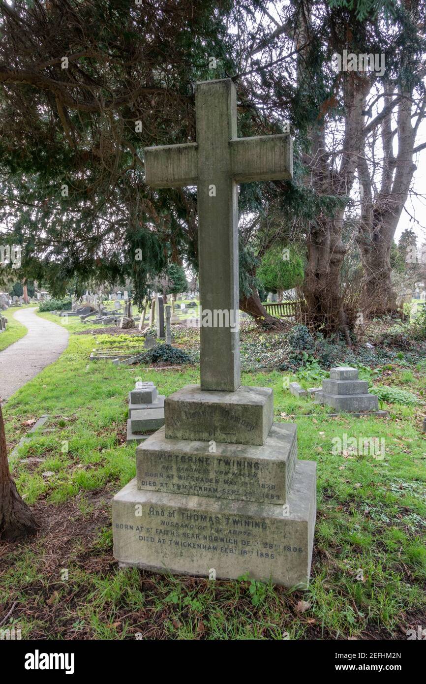 Grave of Victorine & Thomas Twining, members of the Twining Tea family, in Twickenham Cemetery, Whitton, Richmond upon Thames, London, UK. Stock Photo