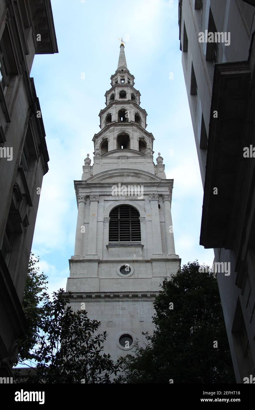 The Christopher Wren designed steeple, which possibly inspired the modern wedding cake design, of St Bride's Church in London, UK Stock Photo