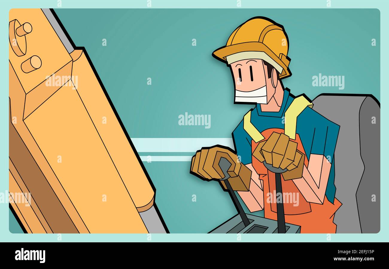 Close-up of a crane operator controlling levers of a crane Stock Photo