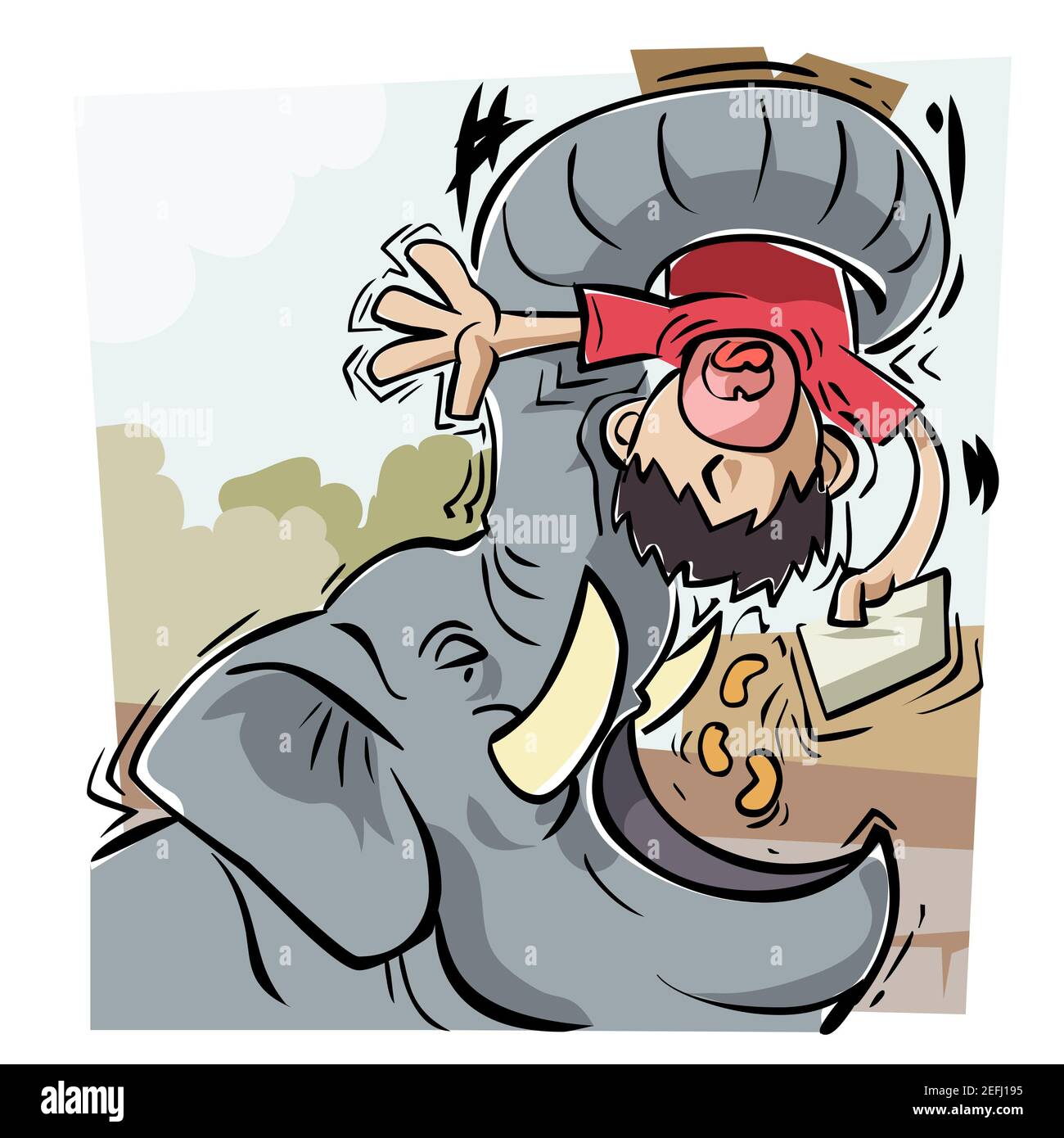 Close-up of an elephant lifting a man with its trunk Stock Photo